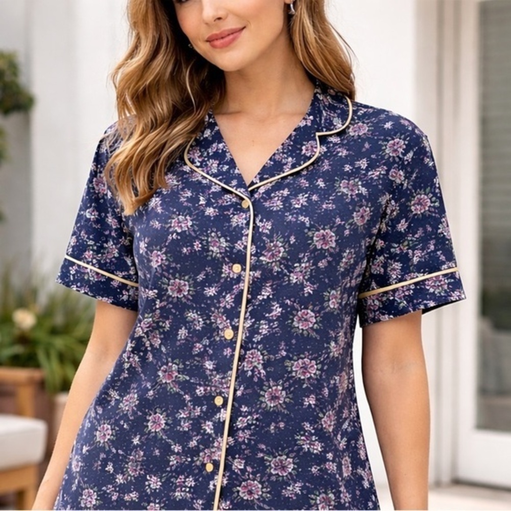 Refinery 29 Navy Blue Floral Pajama Top Button Down Lounge Shirt Size L NWT